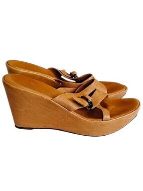 Kenneth Cole New York Windy City Leather Wedge Platform Sandals 9M Tan